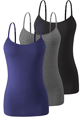 Image of Air Curvey 3 Pack Camisole Tops for Women Built in Bra Adjustable Spaghetti Strap Cotton Undershirt Tanks Layering Tops