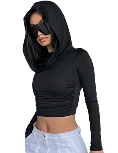 Womens Fashion Y2K Street Wear Grunge Hooded Long Sleeve Crop Tops T Shirt