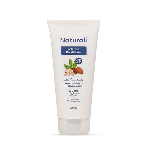 Image of Naturali Anti-Frizz Conditioner with Argan Oil, Quinoa & Hyaluronic Acid | 100 hours of frizz control | Leaves hair smooth & lightweight | Sulphate & Paraben Free Everyday Shampoo For Women & Men | 180ml