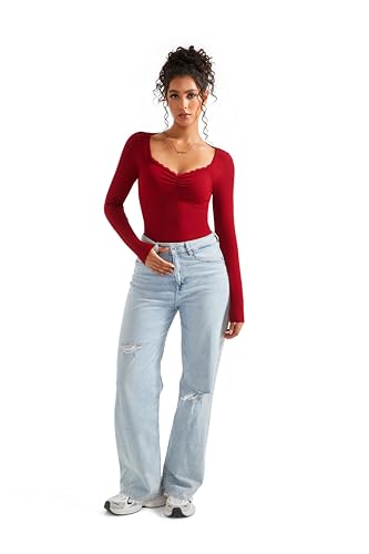Image of SUUKSESS Women Sweetheart V Neck Long Sleeve Tops Lace Trim Ribbed Modal Fall Going Out Shirts