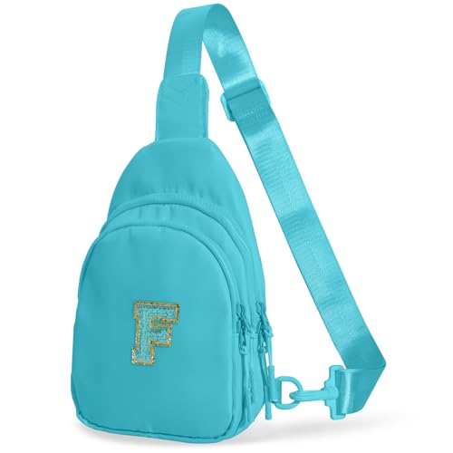 Bomvabe Personalized Initial Crossbody Bag for Tween Girls with Extender Strap 32"-52", Birthday Gift for 6 to 14 Year Old Girls, Sling Bag for Kids and Tweens, Turquoise with Initials F