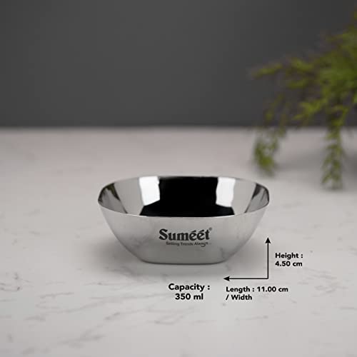 Image of Sumeet Heavy Gauge Stainless Steel Apple Square Bowl /Wati /Katori with Mirror Finish - 11cm Dia, Set of 6pc, 350ML Each - Silver