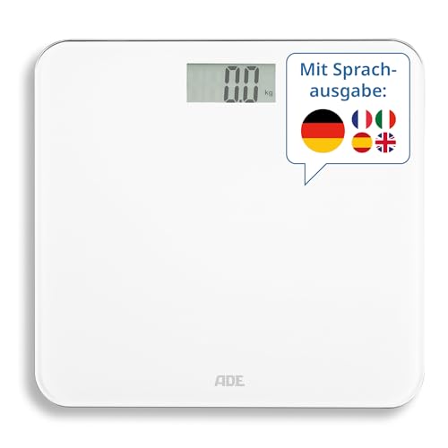 ADE Sprechende Personenwaage digital Deutsch | bis 250kg | Körperwaage mit Sprachausgabe in 5 Sprachen | sehr großes Display | ideal für Blinde, Sehbehinderte und Senioren