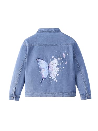 MakeMeChic Girl's Butterfly Denim Jacket Button Up Collared Long Sleeve Cute Jean Coat