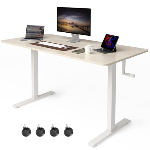 Whole Piece Manual Standing Desk Adjustable Height with Lockable Casters- Hand Crank Stand up Desk with Wheels Mobile Sit to Stand Workstation with Handle