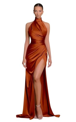 Image of Halter Bridesmaid Dresses Long with Slit Satin Prom Dress Pleated Mermaid Formal Gown Evening Dress