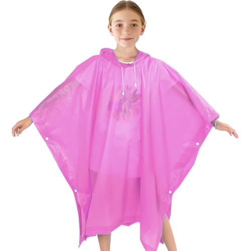 Poncho Impermeable Niños, Espesar Reutilizable EVA Chubasquero con Capucha y Botones para Niño Niña, Infantiles Traje de Liuvia con Capucha y Botón para Escuela Senderismo Ciclismo Viajes(Rosa)