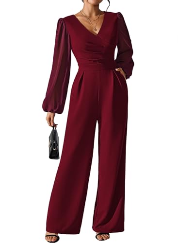 Pink Queen Wedding Jumpsuits for Women Lantern Sleeve Zipper Wide Leg Long Pants Cocktail Rompers Burgundy L