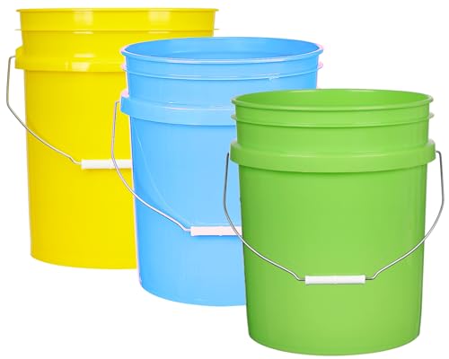 House Naturals 5 Gallon Food Grade Multi Color Buckets (Yellow Aqua Lime Green)- Pack of 3- Made in USA (No lids)