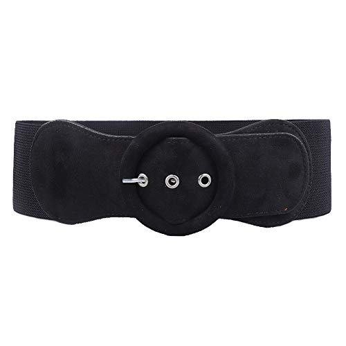 Worry-Free Women's Elastic Wide Plush Pin-buckle Waist Belts for Dress (Black)