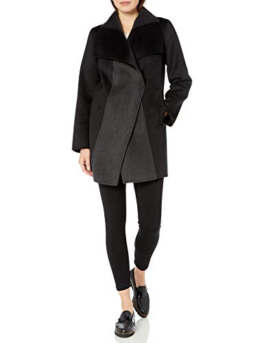 T Tahari Women's Mikki Two Tone Double face Wool Coat, Black Deep Charcoal, Large