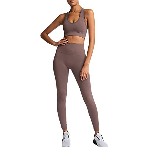 SweatyShark Women's Workout Set Active 2 Pieces Hyperflex High Waisted Yoga Leggings with Paded Racer Back Sports Top Brown