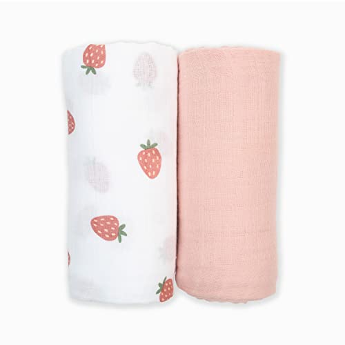 Image of Lulujo Baby Swaddle Blankets | Unisex Softest Breathable Cotton Muslin Swaddle Blanket Set | Neutral Receiving Blanket for Girls & Boys | 40in x 40in | Strawberries & Ballet Slipper | 2-Count