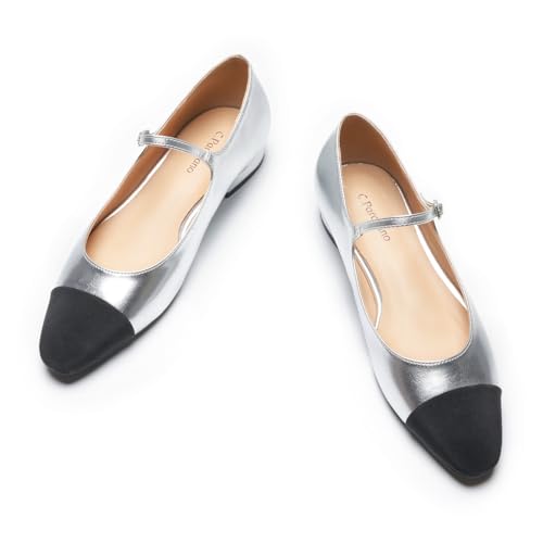C.Paravano Mary Jane Flats for Women | Almond Toe Ballet Flats | Adjustable Strap Daily Wear Shoes | Comfortable Shoes for Party(Size 7,a-Silver)