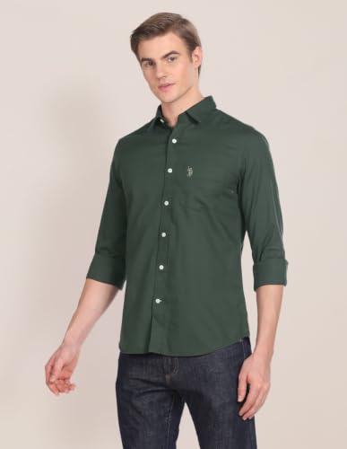 Image of U.S. POLO ASSN. Solid Tailored Fit Shirts for Men - 100% Cotton, Full Sleeve Mens Casual Shirts - M, Olive
