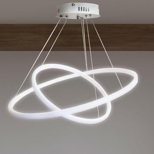 MAKA Lampadario a Sospensione LED | 60W 6540 Lumen Bianco 220V | 2 Cerchi Luce Naturale 4000K | Cavi Regolabili, Facile Installazione | Lampadario Camera da Letto, Soggiorno, Cucina