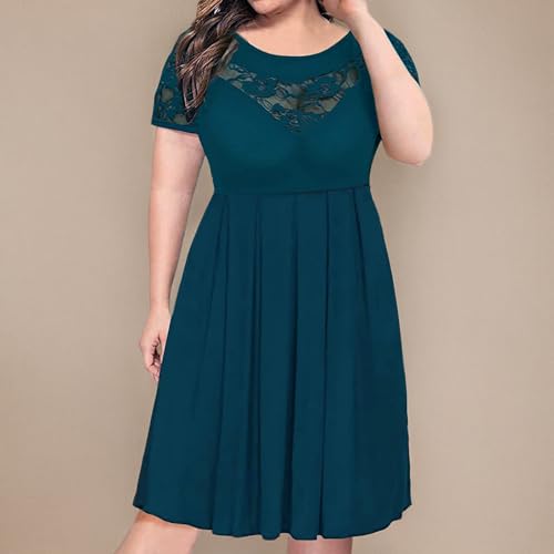 Image of Women's Plus Size Short Sleeve Lace Midi Dress Pleated Casual Summer Flowy Dress with Pockets