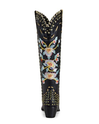KOKOMOMO Floral Embroidery Cowboy Boots for Women Knee High Cowgirl Boots Chunky Heels Studded Western Country Boot 2 INCH Retro Vintage Classic Tall Boots for Ladies3