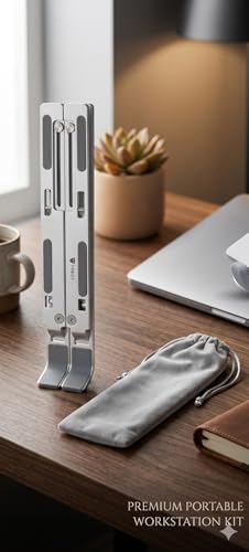 Image of 6 Angles Adjustable Aluminum Ergonomic Foldable Portable Tabletop Laptop /Desktop Riser Stand Holder Compatible for MacBook, HP, Dell, Lenovo & All Other Notebook (Silver)