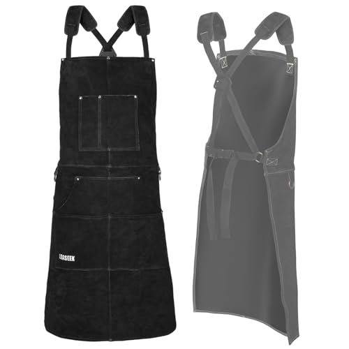 Image of LeaSeek Leather Welding Apron - Flame and Heat Resistant Bib Apron with 6 Pockets (Black 24”x36”)