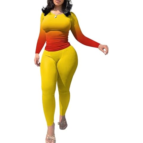 Nimsruc Two Piece Outfits For Women Casual Jogging Suits Long Sleeve Tracksuits Bodycon Crew Neck Sweatsuits Pants Sets Matching Yellow Orange Gradient XL Cover
