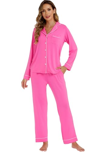 Image of LUBOT Womens Bamboo Viscose Pajamas for Women 2 Piece PJ Set Ultra Buttery Soft Cooling Button Long Sleeve Sleepwear S-XXL
