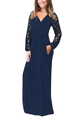 Image of AUSELILY Womens Long Sleeve Maxi Dress 2026 Fall Lace Long Sleeve Dress V Neck Wrap Waist Long Dresses with Pockets