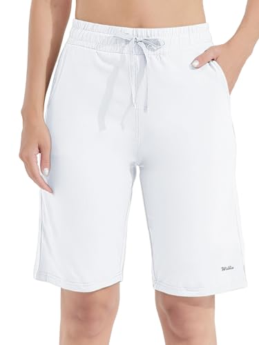 WILLIT Bermudas de algodón para mujer, pantalones largos de deporte, yoga, fitness, hasta la rodilla, entrenamiento, verano, 10 pulgadas, con bolsillos, Blanco, M