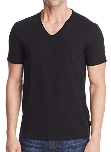 John Varvatos Star USA Men's Miles Short Sleeve SLUB V-Neck with Cut RAW Edge, Black, Medium