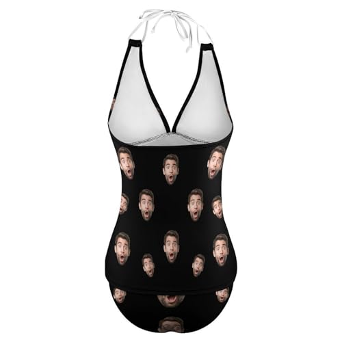 Custom Face Matching Hawaiian Set Swimsuits for Couples,Personalized Women's Halter Deep V-Neck Bikini Sets or Men's 2 Piece Button Down Shirts and Shorts for Beach Vacation3