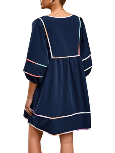 Cicy Bell Womens Babydoll Mini Dresses 3/4 Puff Sleeve V Neck Dress Casual Loose Fit Patchwork Pleated Swing Vacation Outfits4
