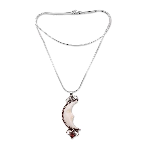 Novica Handmade .925 Sterling Silver Garnet Bone Pendant Necklace Crescent Moon From Bali Indonesia Sun Birthstone Gemstone 'Natural Moonlight' #TOP5