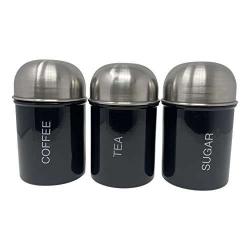 HTUK Set di barattoli per tè e caffè e zucchero con coperchi lucidi in acciaio inox, 3 pezzi, colore: nero