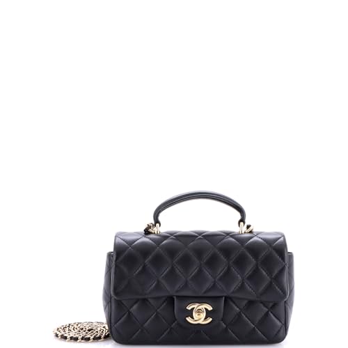 Pre-Loved Classic Single Flap Top Handle Bag Quilted Lambskin Mini, Black