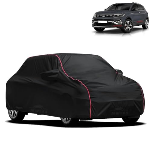 Image of Waterproof Car Cover for Volkswagen Taigun | All-Weather Protection, Dustproof & UV Resistant | Triple Stitched Mirror Pockets, Windproof Buckle Strap with Elastic Hem, Black-Red Piping