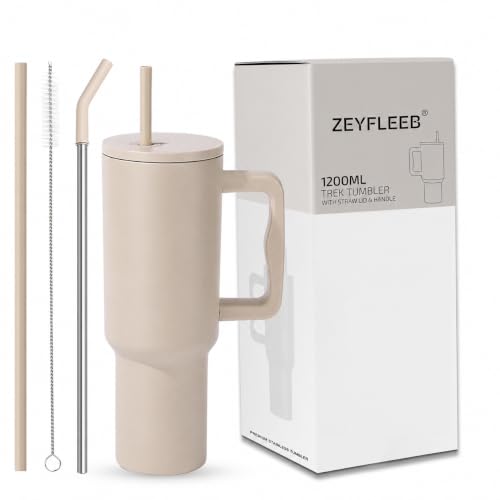 Image of 1200ML Stainless Steel Tumbler with Handle & Lid, 2 Straws - Large Travel Mug Water Cup for Gym, Office & Outdoor Use (Coffee - Skin)