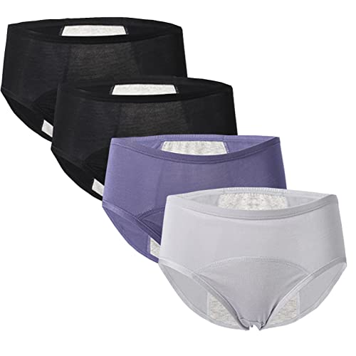 4 Packs Teen Period Panties Girls Menstrual Heavy Flow Leak Proof Hipster Underwear Bamboo Viscose Fiber Briefs (Black+Blue+Black+Gray 4 Packs, XS/XXSmall(2-4))