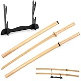 Silipull 3 Pcs Bamboo Bokken Training Martial Sword with Stand, 41 Inch Practice Swords Bamboo Katana with Sheath 2 Tier Black Prop Katana Rack for Martial Performance Decoration Gift(Beige)