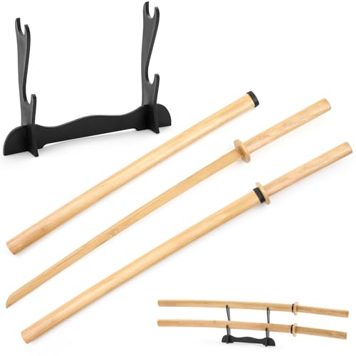 Silipull 3 Pcs Bamboo Bokken Training Martial Sword with Stand, 41 Inch Practice Swords Bamboo Katana with Sheath 2 Tier Black Prop Katana Rack for Martial Performance Decoration Gift(Beige)