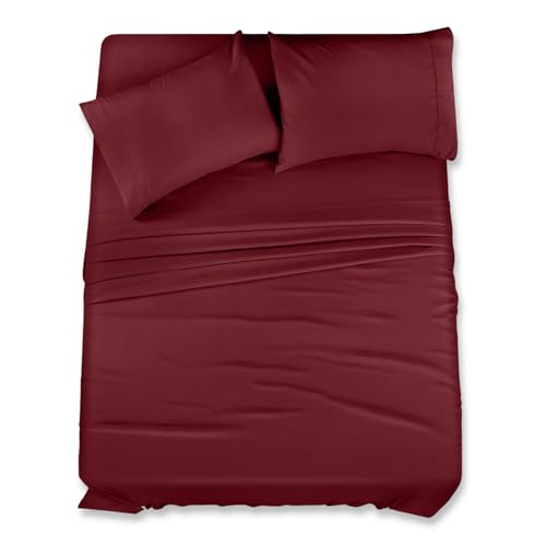 FASHIONFY Hotel Quality Bedding Set | Luxury 4 Piece Bed Sheet Set with 1 Flat Sheet, 1 Fitted Sheet & 2 Pillowcases, Premium Fade & Wrinkle Resistant Queen Bed Sheets for All Mattresses (Burgundy)
