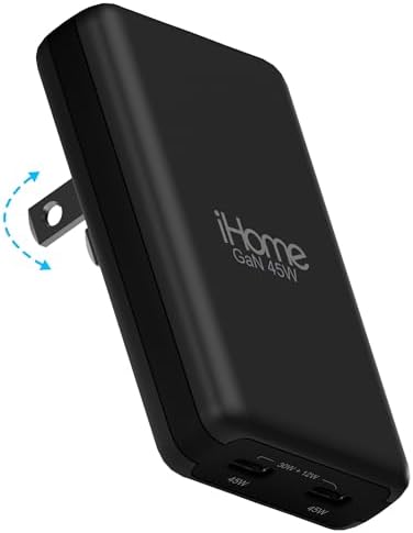 iHome GaN Universal Slim Charger, USB C Block with Power Delivery, Folding Prongs, Travel Friendly, Compact for Phone, Tablet, and USB-C Devices (Black, GaN 45W (Slim))