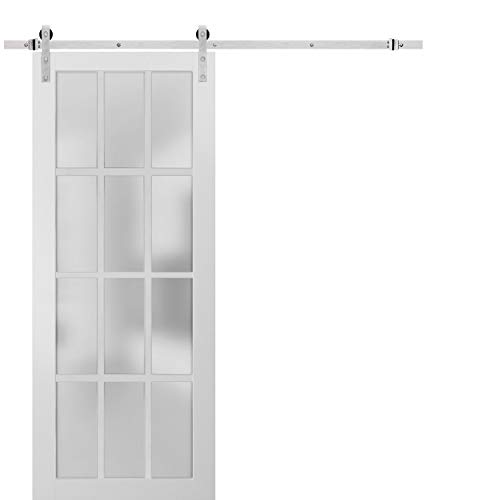 Sturdy Barn Door 24 x 80 inches Frosted Glass 12 Lites  Top Mount Stainless Steel 6.6FT Rail Hangers Heavy Set 