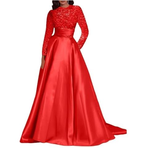 cantcauli Red Long Sleeves Prom Dress for Women Sequin Satin A Line Ball Gown Formal Evening Gowns for Teens US0 Cover