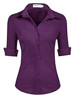 HOTOUCH 3/4 Sleeve Tops for Women UK Ladies Shirts Cotton Work Blouse Fitted Blouses Office Shirt Button Down V-Neck Tops Purple XXL
