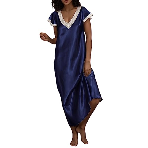 Vestido corto para mujer, cuello en V, pijama, camisones largos, ropa de dormir, azul marino, S