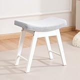 COSTASKF Small Vanity Stool with Saddle Cushion, Solid Wood Makeup Chair with Sponge Seat, Easy to Assemble Footrest Bench for Bedroom, Entryway, Bathroom, Light Gray