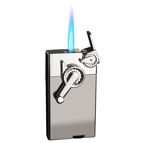 Rocker Gear Windproof Lighter with Blue Flame, Soft Butane Flame, Refillable Butane Lighter (Sold Without Gas) (Grey)