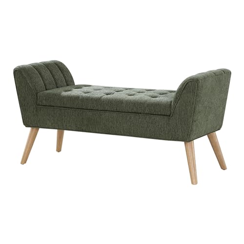 Image of OSP Home Furnishings Castile Mid-Century Modern Storage Bench with Natural Legs, Green Pine Fabric