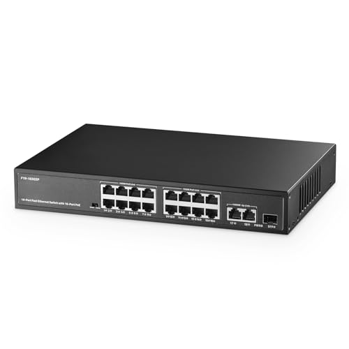 Image of Binardat 19 Port POE Switch, 16 Ports POE+ 100Mbps, 2 Gigabit Uplink, 1 Gigabit SFP, IEEE802.3af /at, 300W Internal Power Supply, Metal Case Unmanaged Plug and Play