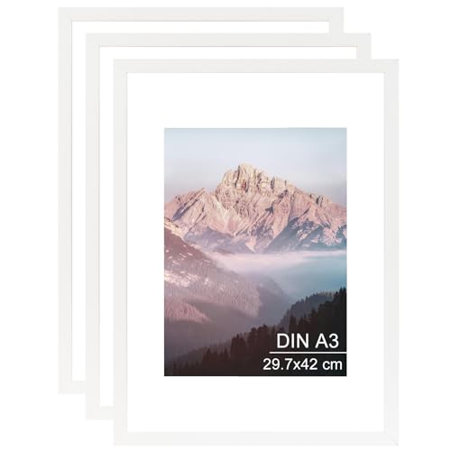 OMISHE Confezione da 3 cornici portafoto in legno massiccio, formato A3, 29,7 x 42 cm, formato DIN A3, con passepartout A4 e custodia in plastica, 29,7 x 42 cm, per parete, colore bianco, confezione